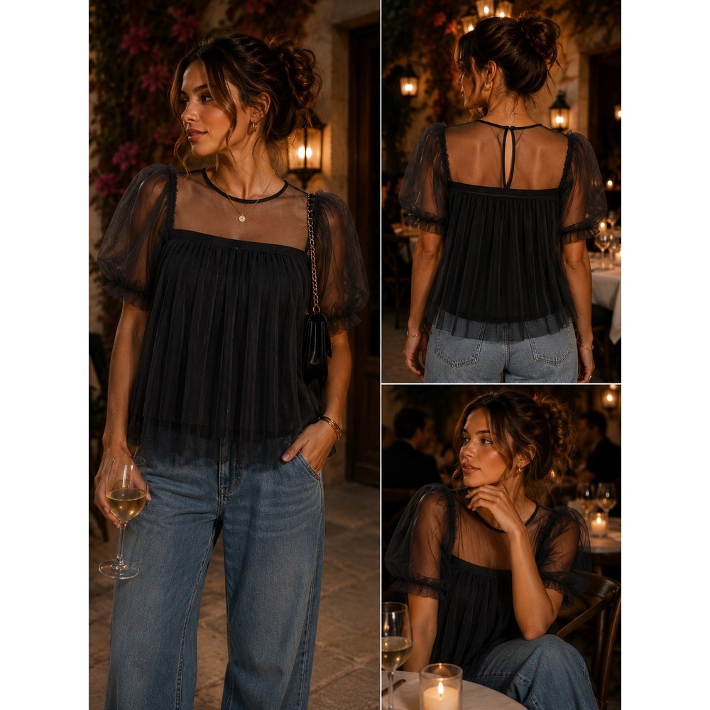 Sheer Mesh Puff Sleeve Coquette Romantic Blouse Kaktus NWT Medium